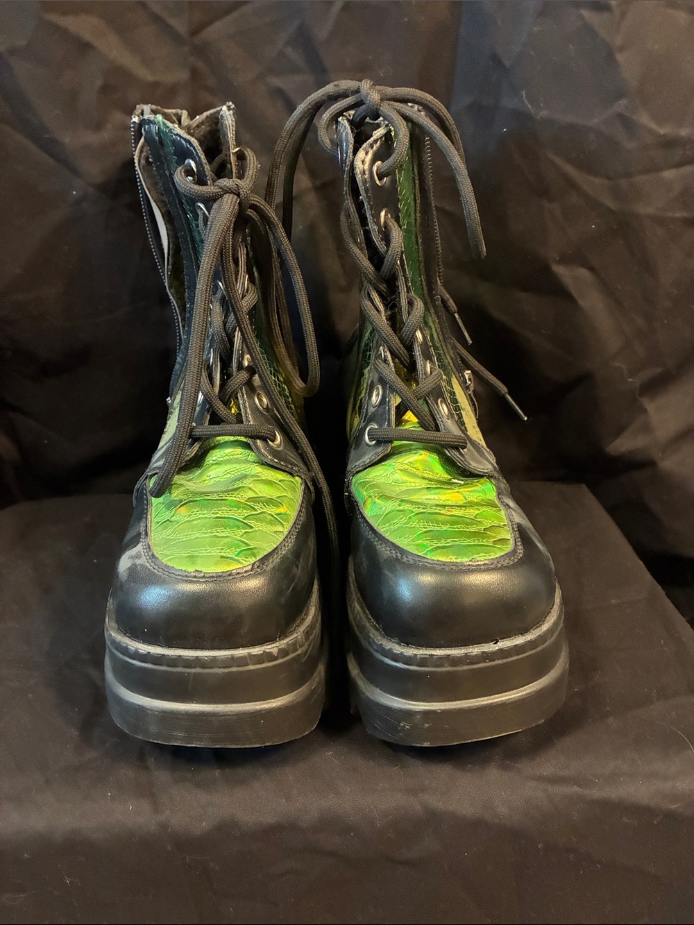 Kids Black Platform Lace-Up Boots with Green Accent